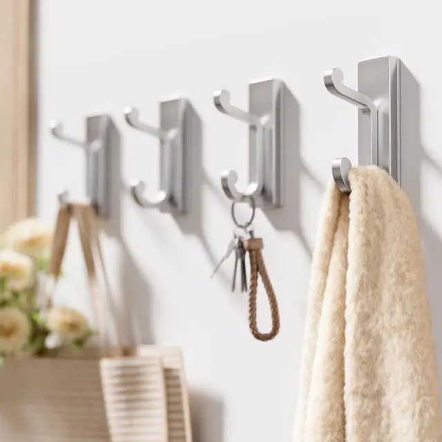 Alt view image 6 of 7 - Silver Self Adhesive Hooks - Stick on Hanger for Coats, Towels and Robes, Double Hooks for Door, Kitchen, Bathroom, Shower, Rental Houses, Hold 13lbs, 4 Pack.