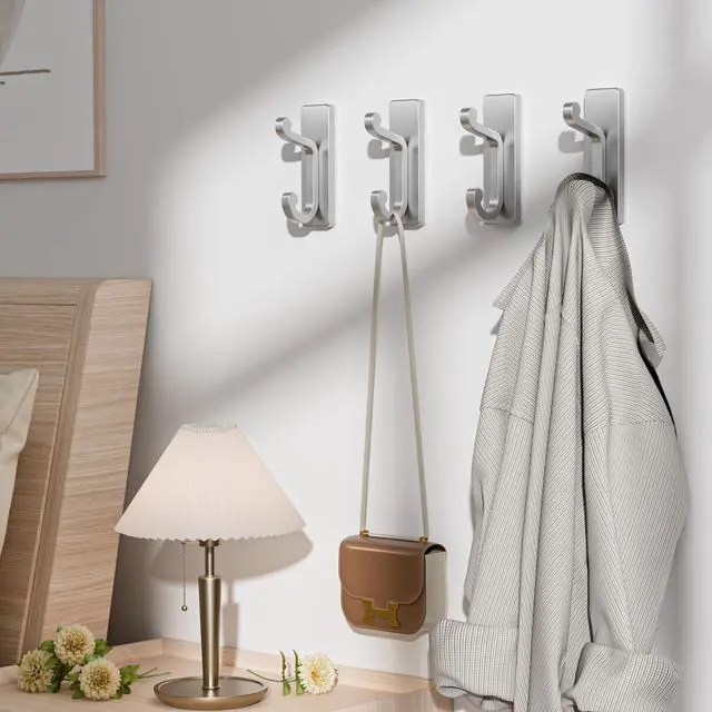 Alt view image 7 of 7 - Silver Self Adhesive Hooks - Stick on Hanger for Coats, Towels and Robes, Double Hooks for Door, Kitchen, Bathroom, Shower, Rental Houses, Hold 13lbs, 4 Pack.