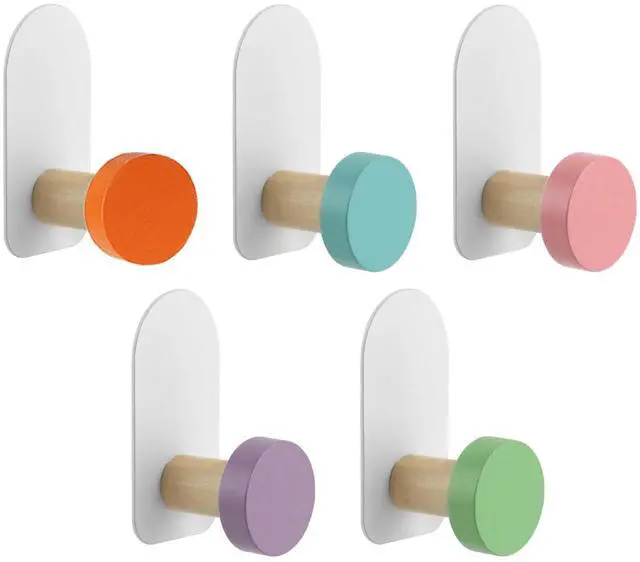 Main image of 5Pcs Self-Adhesive Kids Coat Hooks, Colorful Towel Hooks Wooden Sticky Clothes Hook, Wall Mounted Children's Coat Hooks for Towel, Clothes,Backpacks and Hats(Colorful)