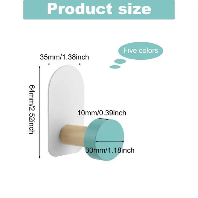 Alt view image 2 of 7 - 5Pcs Self-Adhesive Kids Coat Hooks, Colorful Towel Hooks Wooden Sticky Clothes Hook, Wall Mounted Children's Coat Hooks for Towel, Clothes,Backpacks and Hats(Colorful)