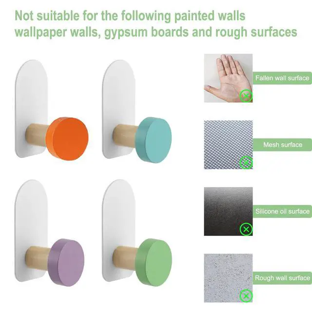Alt view image 6 of 7 - 5Pcs Self-Adhesive Kids Coat Hooks, Colorful Towel Hooks Wooden Sticky Clothes Hook, Wall Mounted Children's Coat Hooks for Towel, Clothes,Backpacks and Hats(Colorful)