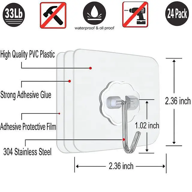 Alt view image 2 of 7 - 24 PCS Self Adhesive Hooks for Hanging - 33lbs Max, Transparent Stick on Hooks for Coat & Towel - Sticky Hooks for Hanging Heavy Duty Picture, No Damage Wall Hook for Bathroom, Kitchen, Ceiling & Key