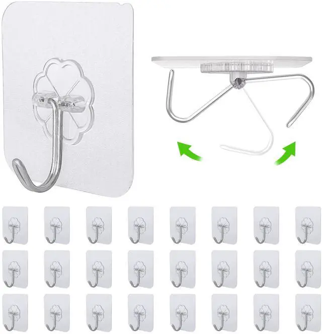 Main image of 24 PCS Self Adhesive Hooks for Hanging - 33lbs Max, Transparent Stick on Hooks for Coat & Towel - Sticky Hooks for Hanging Heavy Duty Picture, No Damage Wall Hook for Bathroom, Kitchen, Ceiling & Key