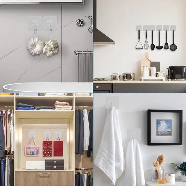 Alt view image 3 of 7 - 24 PCS Self Adhesive Hooks for Hanging - 33lbs Max, Transparent Stick on Hooks for Coat & Towel - Sticky Hooks for Hanging Heavy Duty Picture, No Damage Wall Hook for Bathroom, Kitchen, Ceiling & Key