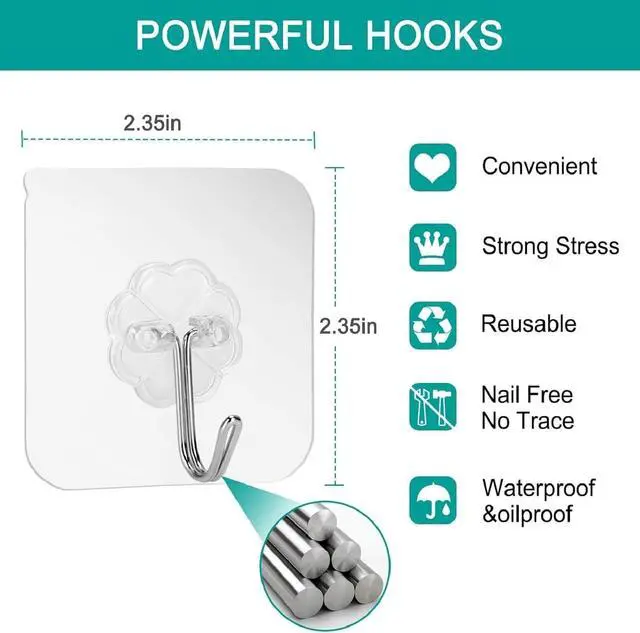 Alt view image 6 of 7 - 30 Pack Wall Heavy Duty 13lb(Max) Self Adhesive Hooks Waterproof Oilproof Hanging Hooks for Bathroom Shower Kitchen Office Outdoor Home Improvement Utility Hook