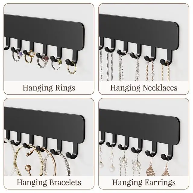 Alt view image 3 of 7 - Wall-Mounted Jewelry Organizer, Self-Adhesive Hanging Holder with Hooks for Necklaces, Bracelets, Earrings - Display Storage for Women, 2PCS, Black