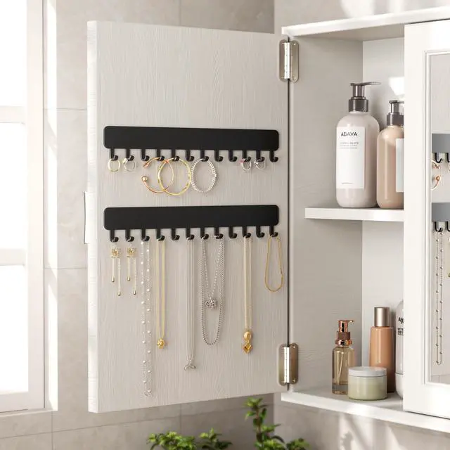 Alt view image 5 of 7 - Wall-Mounted Jewelry Organizer, Self-Adhesive Hanging Holder with Hooks for Necklaces, Bracelets, Earrings - Display Storage for Women, 2PCS, Black