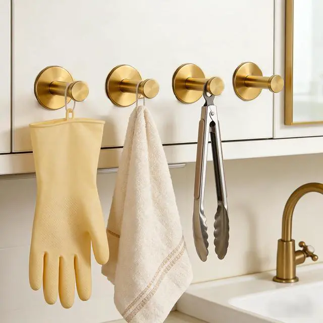 Alt view image 3 of 6 - Bath Towel Hooks, 4 Pack Self Adhesive Coat Hooks, Sturdy No Drilling Robe Hook, SUS 304 Stainless Steel Heavy Duty Clothes Hanger, Wall Hooks for Bathroom Bedroom Kitchen (2 in, Gold)