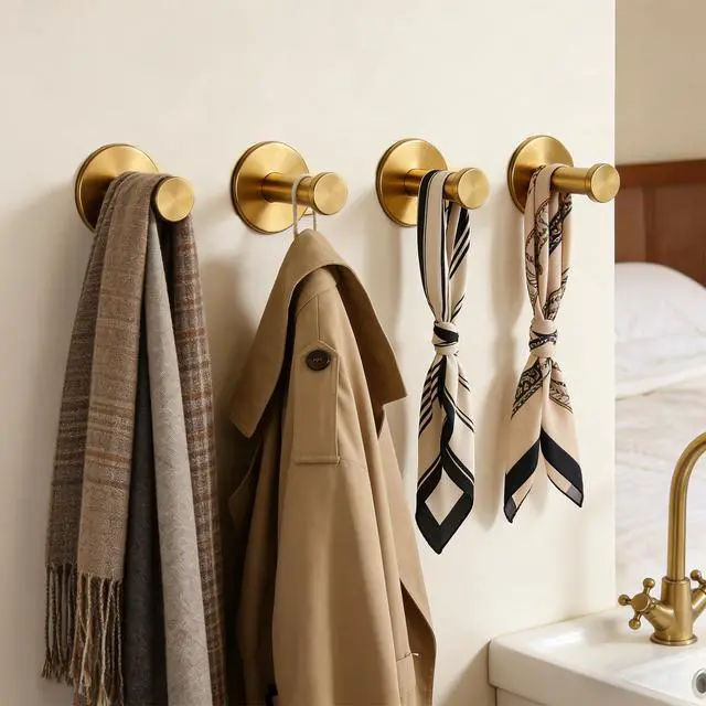 Alt view image 5 of 6 - Bath Towel Hooks, 4 Pack Self Adhesive Coat Hooks, Sturdy No Drilling Robe Hook, SUS 304 Stainless Steel Heavy Duty Clothes Hanger, Wall Hooks for Bathroom Bedroom Kitchen (2 in, Gold)