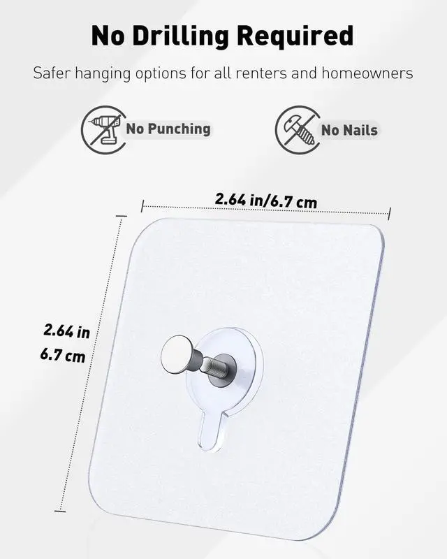 Alt view image 3 of 7 - 10 Pcs Self Adhesive Picture Hooks 40 lbs Load No Drill Screw Stickers 2.64" Heavy Duty Picture Hangers Without Nails Wall Hooks for Hanging Waterproof Frame Hangers Sticky Hooks for Bathroom