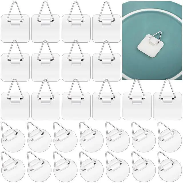 Main image of 60 Pcs Adhesive Plate Hangers for Wall No Nail Invisible Sticky Picture Hooks Round Square Self-Adhesive Frame Holders for Decorative Plates Photo Frames Art Display Painting