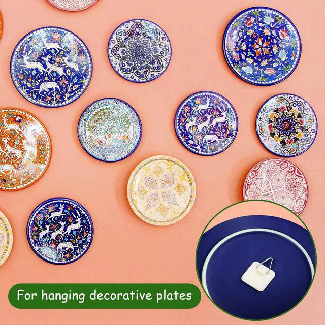 Alt view image 3 of 7 - 60 Pcs Adhesive Plate Hangers for Wall No Nail Invisible Sticky Picture Hooks Round Square Self-Adhesive Frame Holders for Decorative Plates Photo Frames Art Display Painting