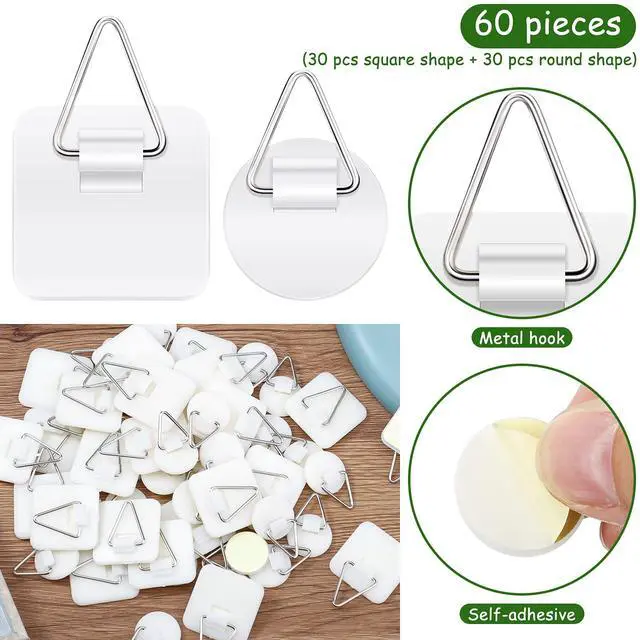 Alt view image 6 of 7 - 60 Pcs Adhesive Plate Hangers for Wall No Nail Invisible Sticky Picture Hooks Round Square Self-Adhesive Frame Holders for Decorative Plates Photo Frames Art Display Painting