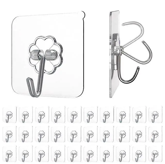 Main image of Adhesive Hooks 30 Pack, Adhesive Wall Hooks for Hanging, Heavy Duty 22 lb Transparent Waterproof Sticky Hooks, Removable Clear Adhesive Wall Hooks Damage Free for Bathroom Kitchen Shower