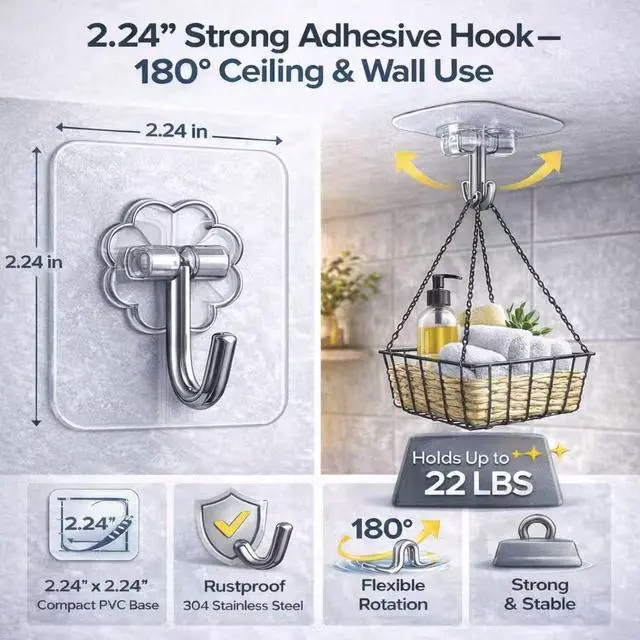 Alt view image 2 of 7 - Adhesive Hooks 30 Pack, Adhesive Wall Hooks for Hanging, Heavy Duty 22 lb Transparent Waterproof Sticky Hooks, Removable Clear Adhesive Wall Hooks Damage Free for Bathroom Kitchen Shower