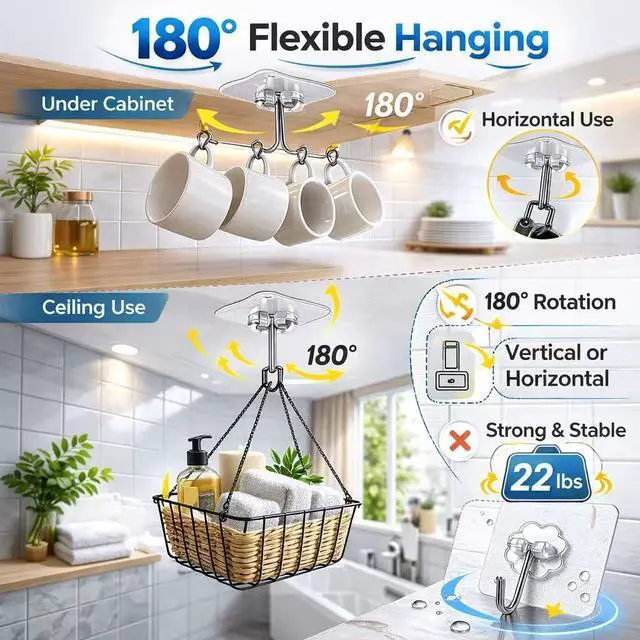 Alt view image 4 of 7 - Adhesive Hooks 30 Pack, Adhesive Wall Hooks for Hanging, Heavy Duty 22 lb Transparent Waterproof Sticky Hooks, Removable Clear Adhesive Wall Hooks Damage Free for Bathroom Kitchen Shower