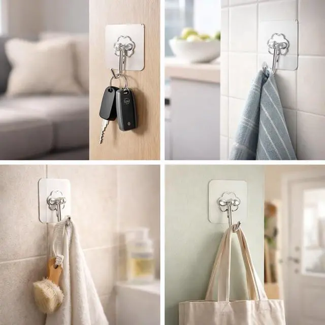 Alt view image 7 of 7 - Adhesive Hooks 30 Pack, Adhesive Wall Hooks for Hanging, Heavy Duty 22 lb Transparent Waterproof Sticky Hooks, Removable Clear Adhesive Wall Hooks Damage Free for Bathroom Kitchen Shower