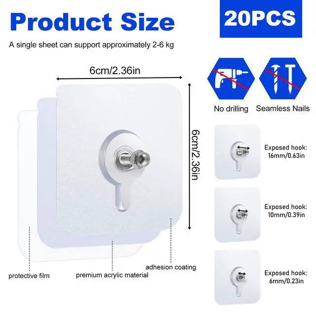 Alt view image 2 of 7 - 20 PCS Self Adhesive Wall Mount Non-Trace Screw Hook Stickers