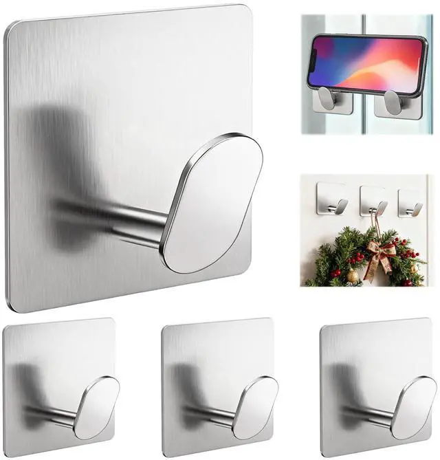 Main image of Adhesive Shower Hooks Heavy Duty Metal, Brushed Nickel Towel Hooks Stick On Wall Hanger for Hanging Coat, Hat, Robe Hook for Bathroom Kitchen Decorations, 304 Stainless Steel (4 Packs)
