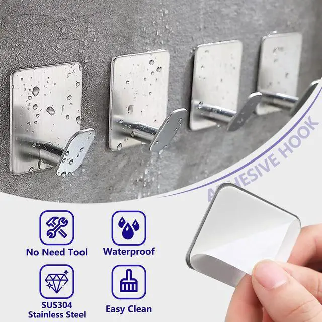 Alt view image 6 of 7 - Adhesive Shower Hooks Heavy Duty Metal, Brushed Nickel Towel Hooks Stick On Wall Hanger for Hanging Coat, Hat, Robe Hook for Bathroom Kitchen Decorations, 304 Stainless Steel (4 Packs)