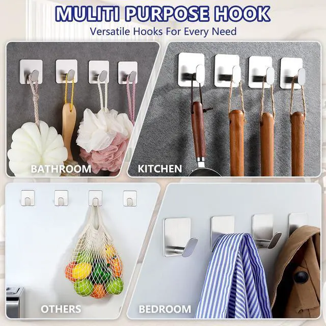 Alt view image 5 of 7 - Adhesive Shower Hooks Heavy Duty Metal, Brushed Nickel Towel Hooks Stick On Wall Hanger for Hanging Coat, Hat, Robe Hook for Bathroom Kitchen Decorations, 304 Stainless Steel (4 Packs)