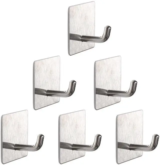 Main image of Bath Towel Hooks - 6 Pack Strong Self Adhesive Coat/Clothes Hooks, No Drilling Sticky Hooks, Heavy Duty 304 Stainless Steel Shower Wall Hook for Bathroom Kitchen Bedroom(Brushed Nickel)