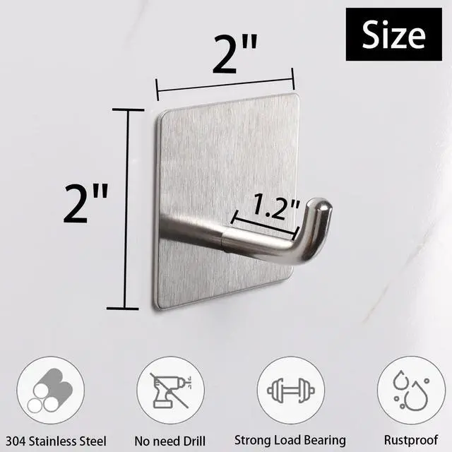 Alt view image 5 of 7 - Bath Towel Hooks - 6 Pack Strong Self Adhesive Coat/Clothes Hooks, No Drilling Sticky Hooks, Heavy Duty 304 Stainless Steel Shower Wall Hook for Bathroom Kitchen Bedroom(Brushed Nickel)