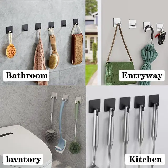 Alt view image 7 of 7 - Bath Towel Hooks - 6 Pack Strong Self Adhesive Coat/Clothes Hooks, No Drilling Sticky Hooks, Heavy Duty 304 Stainless Steel Shower Wall Hook for Bathroom Kitchen Bedroom(Brushed Nickel)