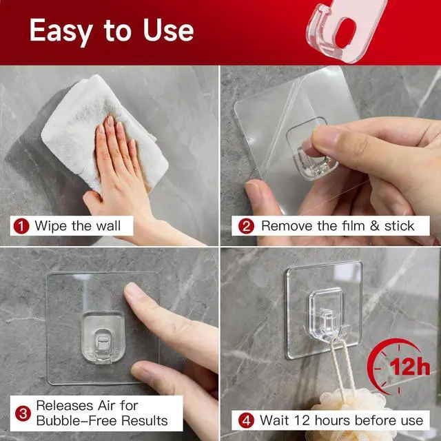 Alt view image 6 of 6 - 10 Pack Invisible Adhesive Hooks for Hanging Heavy Duty, Waterproof & Rustproof Shower Hooks for Inside Shower, Clear Sticky Hooks for Walls No Damage, Multi-Use for Kitchen, Bathroom, Bedroom, Office