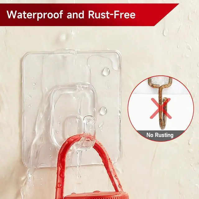 Alt view image 4 of 6 - 10 Pack Invisible Adhesive Hooks for Hanging Heavy Duty, Waterproof & Rustproof Shower Hooks for Inside Shower, Clear Sticky Hooks for Walls No Damage, Multi-Use for Kitchen, Bathroom, Bedroom, Office