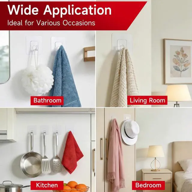 Alt view image 5 of 6 - 10 Pack Invisible Adhesive Hooks for Hanging Heavy Duty, Waterproof & Rustproof Shower Hooks for Inside Shower, Clear Sticky Hooks for Walls No Damage, Multi-Use for Kitchen, Bathroom, Bedroom, Office