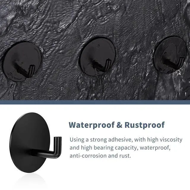 Alt view image 3 of 7 - Rise age Adhesive Hooks Heavy Duty Waterproof in Shower Hooks for Hanging Loofah, Towels, Clothes, Robes for Bathroom Removable Adhesive Wall Hooks Door Hook Stainless Steel Black Stick on Hooks 4 Pcs