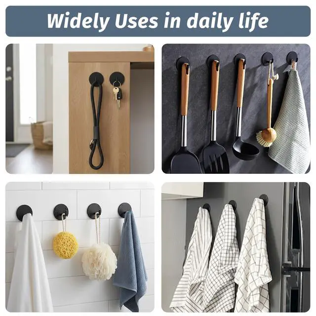 Alt view image 4 of 7 - Rise age Adhesive Hooks Heavy Duty Waterproof in Shower Hooks for Hanging Loofah, Towels, Clothes, Robes for Bathroom Removable Adhesive Wall Hooks Door Hook Stainless Steel Black Stick on Hooks 4 Pcs