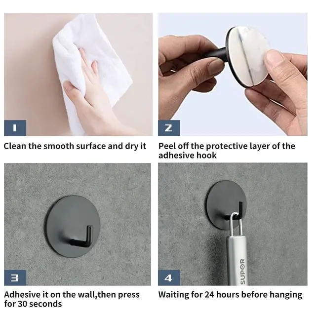 Alt view image 7 of 7 - Rise age Adhesive Hooks Heavy Duty Waterproof in Shower Hooks for Hanging Loofah, Towels, Clothes, Robes for Bathroom Removable Adhesive Wall Hooks Door Hook Stainless Steel Black Stick on Hooks 4 Pcs