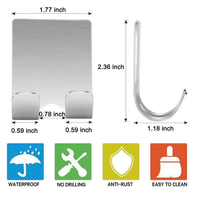 Alt view image 2 of 7 - Hook Hanger Stand(2 Pack)Self Adhesive Stainless Steel Heavy Duty Utility Storage Hook,Shower Hook for Razor,Bathroom Kitchen Organizer for Plug Robe Towel Loofah Bathrobe Coat