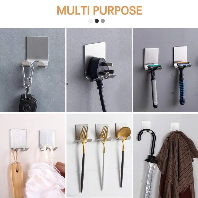 Alt view image 6 of 7 - Hook Hanger Stand(2 Pack)Self Adhesive Stainless Steel Heavy Duty Utility Storage Hook,Shower Hook for Razor,Bathroom Kitchen Organizer for Plug Robe Towel Loofah Bathrobe Coat