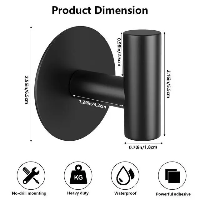 Alt view image 2 of 7 - Self-Adhesive Coat Hooks, Stainless Steel Heavy Duty Wall Hooks, Towel Hooks for Hanging Robes, Aprons, Coats and Hats in Bathrooms,Kitchens and Hotels(2 Pack, Black)