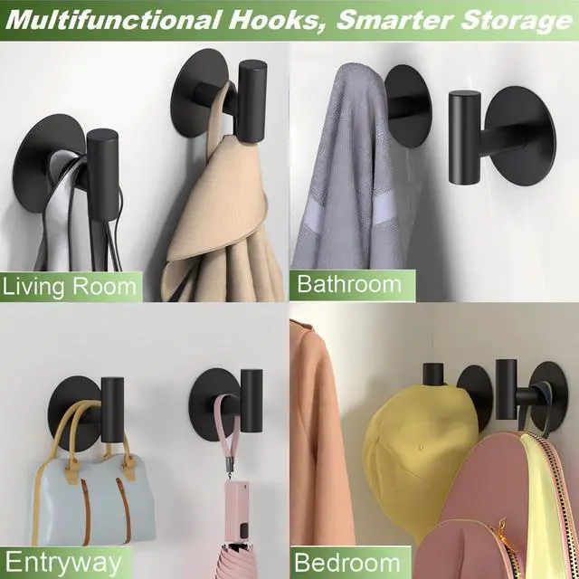 Alt view image 4 of 7 - Self-Adhesive Coat Hooks, Stainless Steel Heavy Duty Wall Hooks, Towel Hooks for Hanging Robes, Aprons, Coats and Hats in Bathrooms,Kitchens and Hotels(2 Pack, Black)