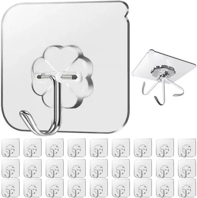 Main image of 28 Pack Sticky Hooks for Hanging Heavy Duty, Wall Hooks Adhesive, Clear self Adhesive Hooks for Wall, Kitchen, Bathroom, Shower & Ceiling