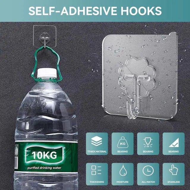 Alt view image 4 of 7 - 28 Pack Sticky Hooks for Hanging Heavy Duty, Wall Hooks Adhesive, Clear self Adhesive Hooks for Wall, Kitchen, Bathroom, Shower & Ceiling
