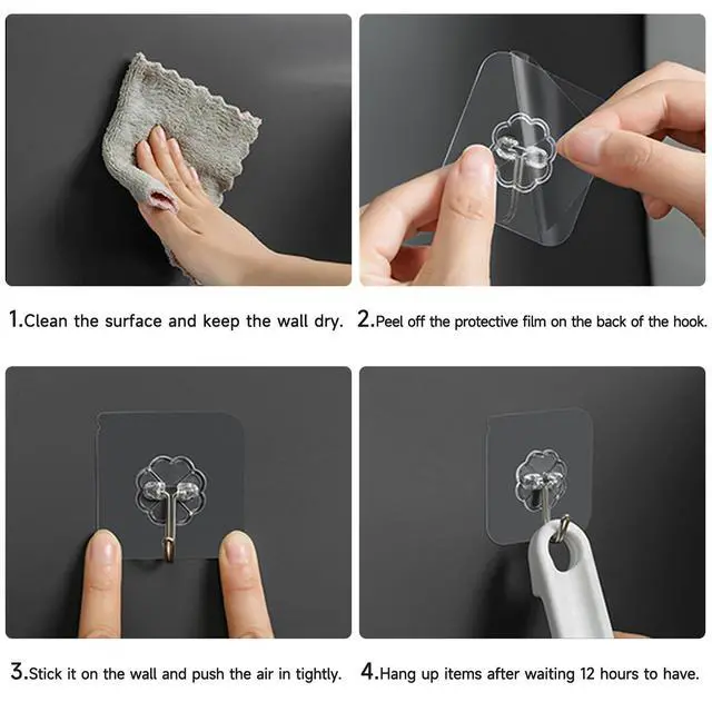 Alt view image 3 of 7 - 28 Pack Sticky Hooks for Hanging Heavy Duty, Wall Hooks Adhesive, Clear self Adhesive Hooks for Wall, Kitchen, Bathroom, Shower & Ceiling