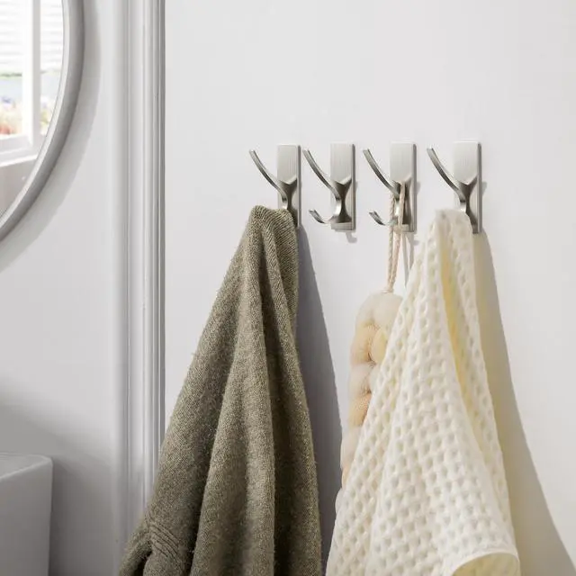 Alt view image 7 of 7 - Self Adhesive Towel Hooks: Extra Strong 13LB, Stainless Hook for Hanging Loofah, Towels, Coat, Bath Robe Bathroom Shower, Brushed Nickel, 4 Pack