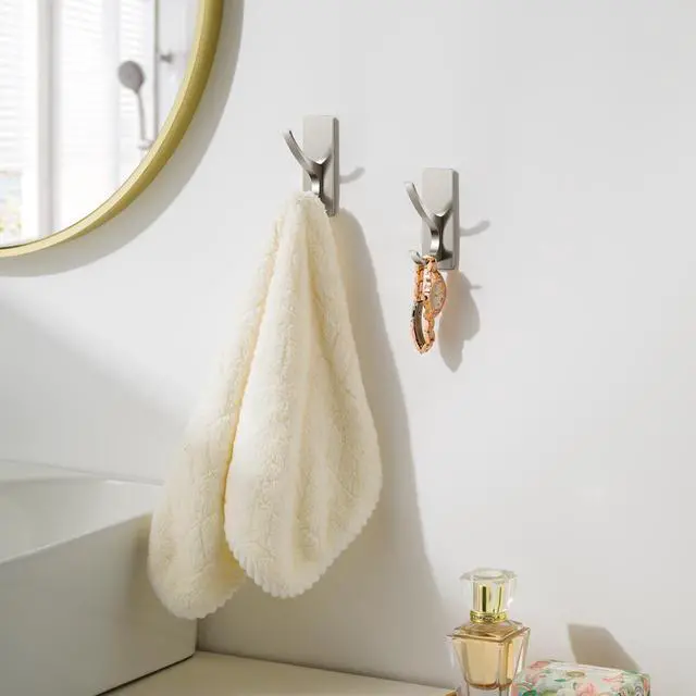 Alt view image 6 of 7 - Self Adhesive Towel Hooks: Extra Strong 13LB, Stainless Hook for Hanging Loofah, Towels, Coat, Bath Robe Bathroom Shower, Brushed Nickel, 4 Pack