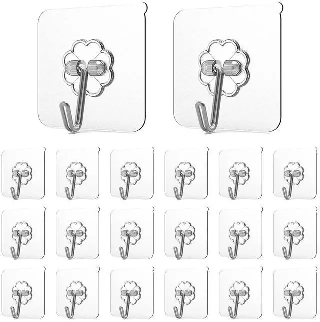 Main image of Adhesive Hooks for Hanging, Heavy Duty Wall Hooks 20 Pack, Removable Sticky Ceiling Hooks, Transparent Self Adhesive Shower Hooks, Water & Oil Proof Strong 22lb(Max) Door Coat Hooks