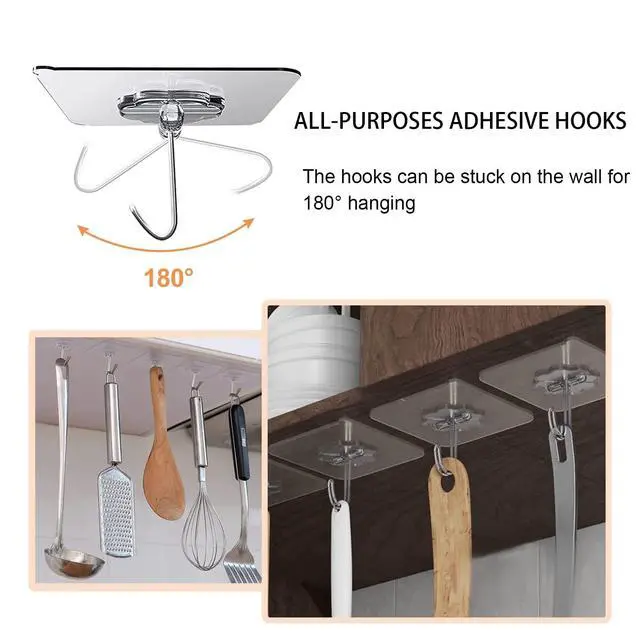 Alt view image 2 of 7 - Adhesive Hooks for Hanging, Heavy Duty Wall Hooks 20 Pack, Removable Sticky Ceiling Hooks, Transparent Self Adhesive Shower Hooks, Water & Oil Proof Strong 22lb(Max) Door Coat Hooks