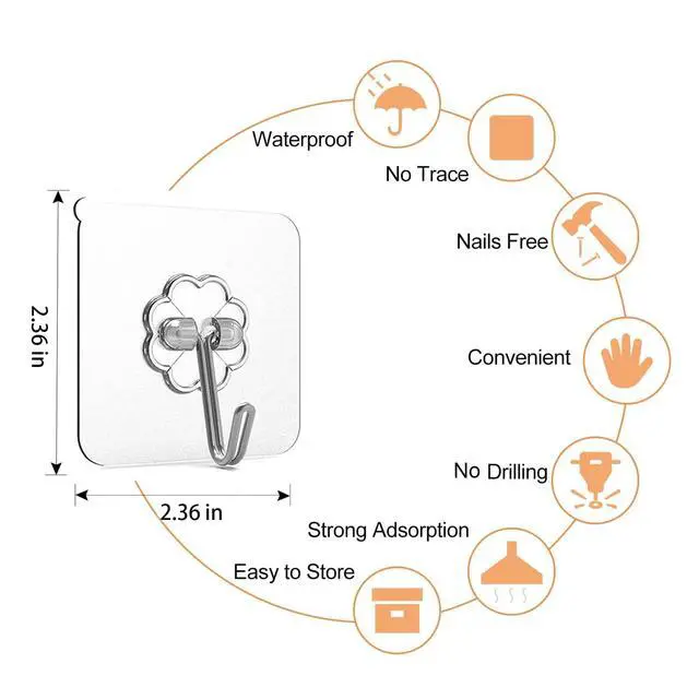 Alt view image 3 of 7 - Adhesive Hooks for Hanging, Heavy Duty Wall Hooks 20 Pack, Removable Sticky Ceiling Hooks, Transparent Self Adhesive Shower Hooks, Water & Oil Proof Strong 22lb(Max) Door Coat Hooks