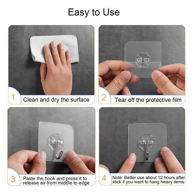 Alt view image 5 of 7 - Adhesive Hooks for Hanging, Heavy Duty Wall Hooks 20 Pack, Removable Sticky Ceiling Hooks, Transparent Self Adhesive Shower Hooks, Water & Oil Proof Strong 22lb(Max) Door Coat Hooks