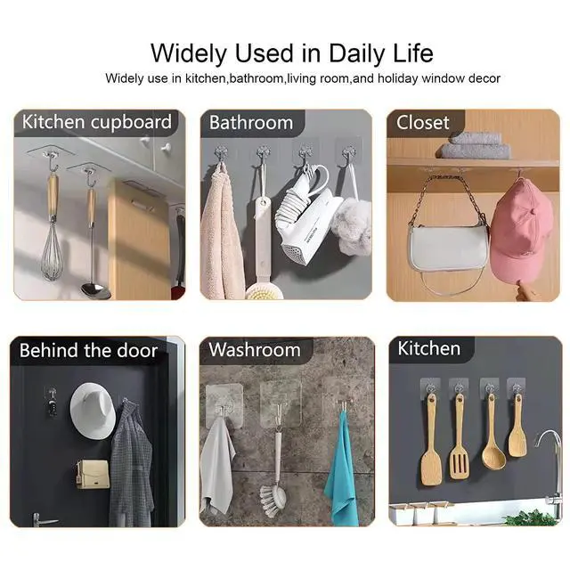 Alt view image 4 of 7 - Adhesive Hooks for Hanging, Heavy Duty Wall Hooks 20 Pack, Removable Sticky Ceiling Hooks, Transparent Self Adhesive Shower Hooks, Water & Oil Proof Strong 22lb(Max) Door Coat Hooks