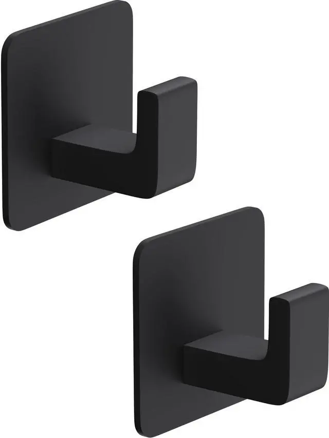 Main image of Square Self Adhesive Towel Hooks - 2 Pack Matte Black Metal Hooks, Right-Angle Design for Towels, Robes & Hats, Organize Bathroom, Kitchen, Entryway, Doors, Cabinets on Smooth Surfaces