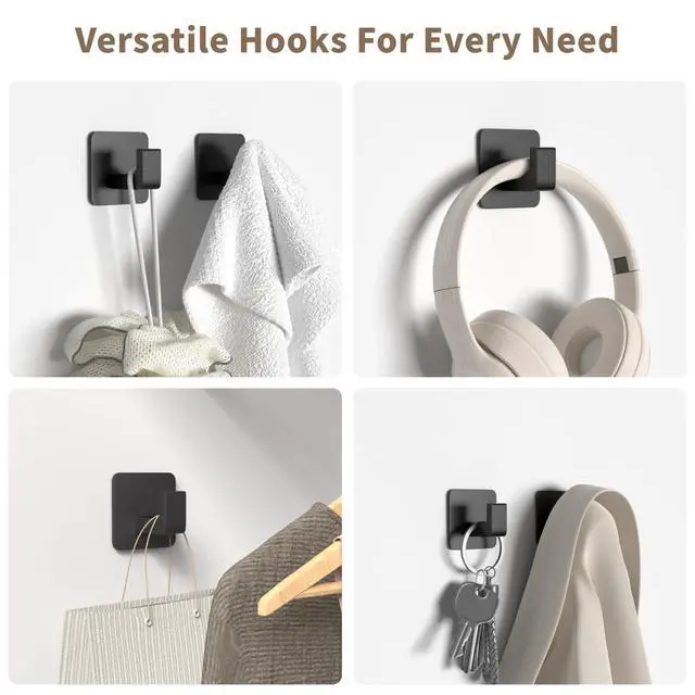 Alt view image 4 of 7 - Square Self Adhesive Towel Hooks - 2 Pack Matte Black Metal Hooks, Right-Angle Design for Towels, Robes & Hats, Organize Bathroom, Kitchen, Entryway, Doors, Cabinets on Smooth Surfaces